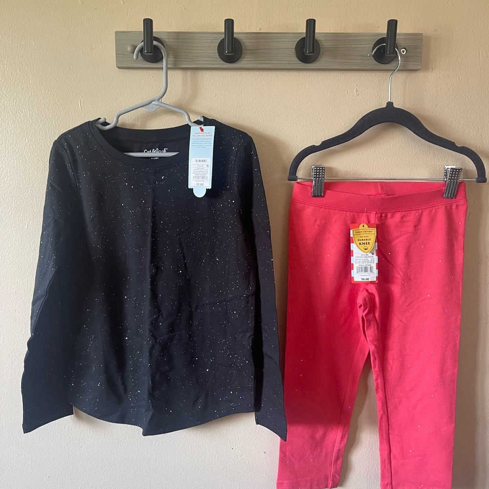 Cat & Jack Black Sparkle Top and Red Leggings Set